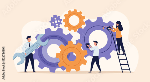 Business Improvement concept. Contemporary flat style abstract vector illustration of a group of diverse people with tools, troubleshooting a gear-shaped mechanism. Isolated on background. 