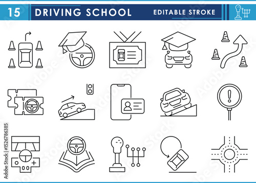 A set of line icons related to Driving School. Drive, learn, car, learning, license, graduate, course, and so on. Vector editable stroke.