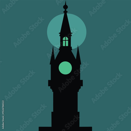 Clock tower silhouette with moonlit teal background minimalist landmark illustration