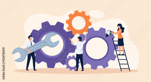 Business Improvement concept. Contemporary flat style abstract vector illustration of a group of diverse people with tools, troubleshooting a gear-shaped mechanism. Isolated on background. 