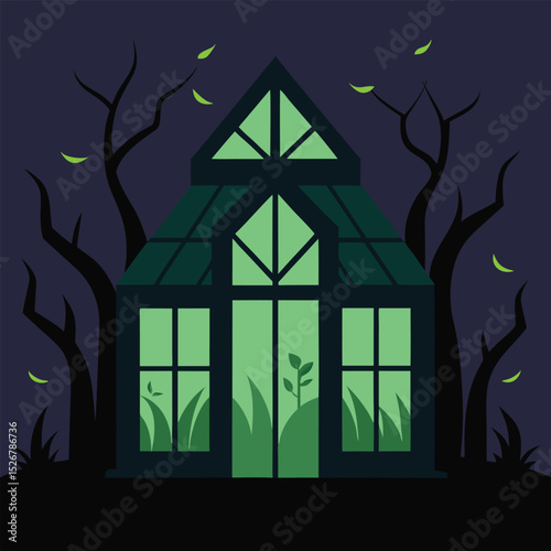 Greenhouse at night with spooky trees and glowing leaves flat design