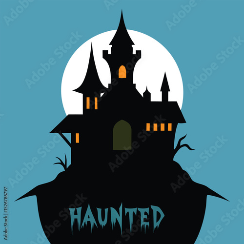 Spooky haunted house silhouette with full moon for halloween design template