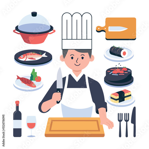  vector icons cooking food chef hat include a pizza slice, a sushi roll, spaghetti and meatballs, a curry bowl burger , fish