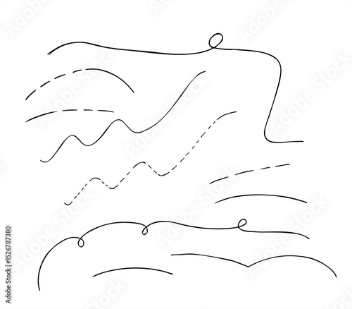 Monochrome vector lines set line art black ink sketch. Solid, dashed, wavy curves flat for business graphics, data visualization, creating charts, infographics, and motion paths.