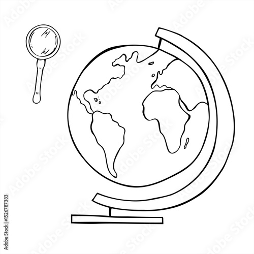 Magnifying glass and globe with continents set monochrome vector line art black ink sketch. Geography and research. For travel blogs, educational materials, and geography projects