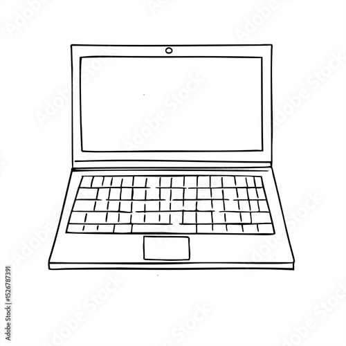 Open laptop stylized vector illustration painted by black inks. Front view. Monochrome flat of notebook for tech presentations, startup branding, remote work graphics, digital service advertisement