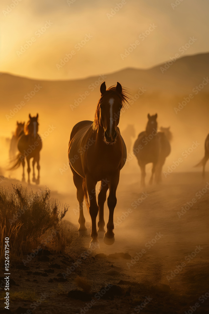 Fototapeta premium A horse standing in golden dust at sunset, with other horses in the background, a beautiful nature scene.