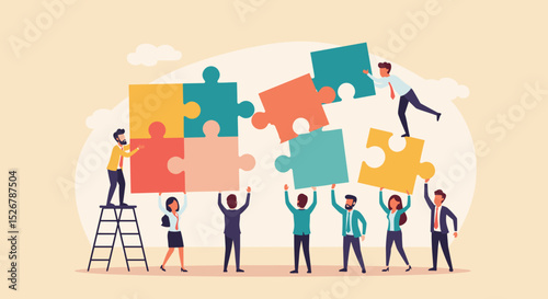 Business Teamwork concept. Contemporary flat style abstract vector illustration of diverse people putting together puzzle details. Isolated on background. 