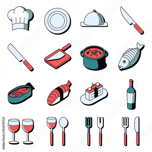  vector icons cooking food chef hat include a pizza slice, a sushi roll, spaghetti and meatballs, a curry bowl burger , fish