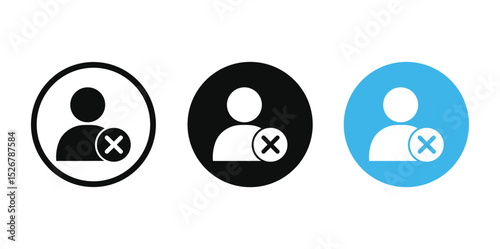 Minimalist flat vector icon set: Three horizontally arranged circles (black, white, light blue) each feature a stylized person silhouette (circle head, oblong body) crossed by a bold red prohibition