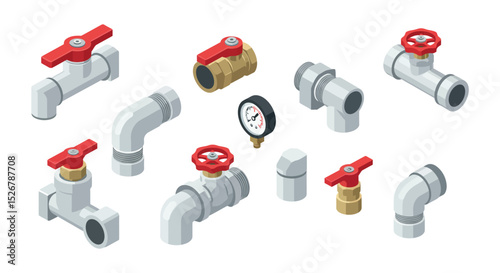 Plumbing components and pipe fittings for industrial design and construction vector illustration