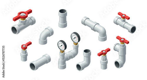 Plumbing components and tools: valves, gauges, and pipes for efficient water management vector illustration