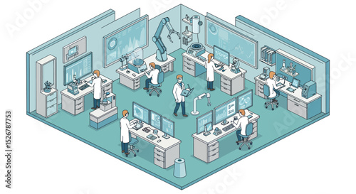 Advanced research lab with scientists and technology in a high-tech environment for innovation and study vector illustration