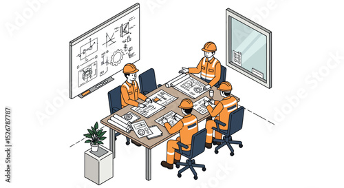 Construction team meeting planning project in office with blueprints and diagrams vector illustration