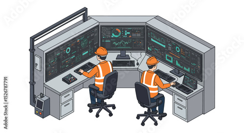 Industrial control room with engineers monitoring systems for automation vector illustration
