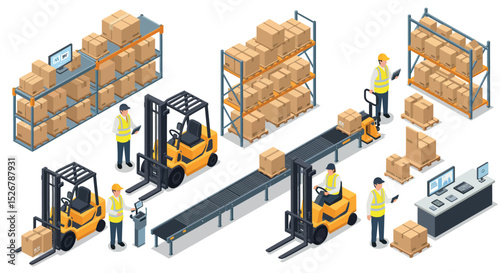 Warehouse logistics and operations with forklift and conveyor belt vector illustration