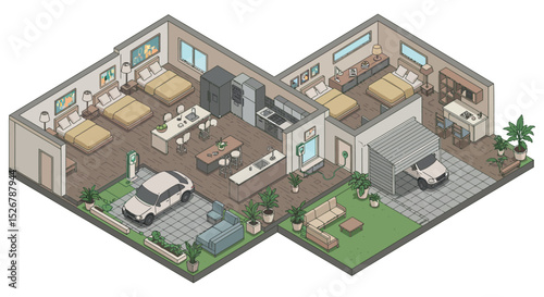 Modern eco-friendly home interior with electric car charging station vector illustration