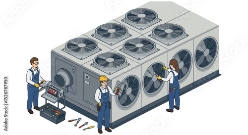Maintenance and repair of industrial air conditioning units by workers vector illustration
