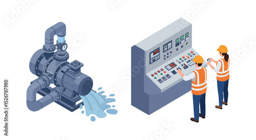 Industrial water pump system management with engineers at control panel vector illustration