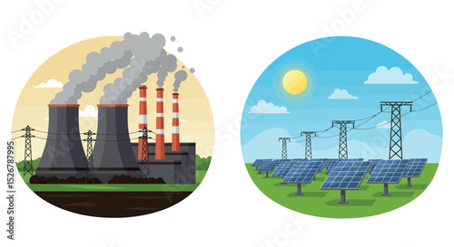 Renewable energy vs fossil fuels concept with solar panels and factory emissions vector illustration