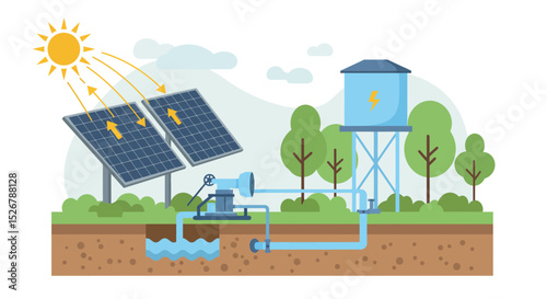 Renewable energy water pump system with solar panels and storage tank vector illustration