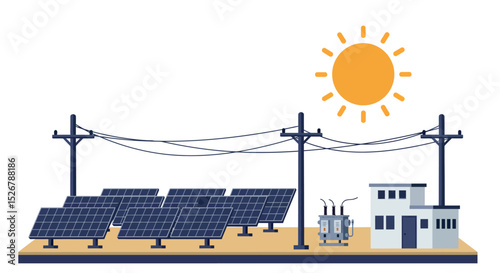 Sustainable energy generation with solar panels and power grid infrastructure vector illustration