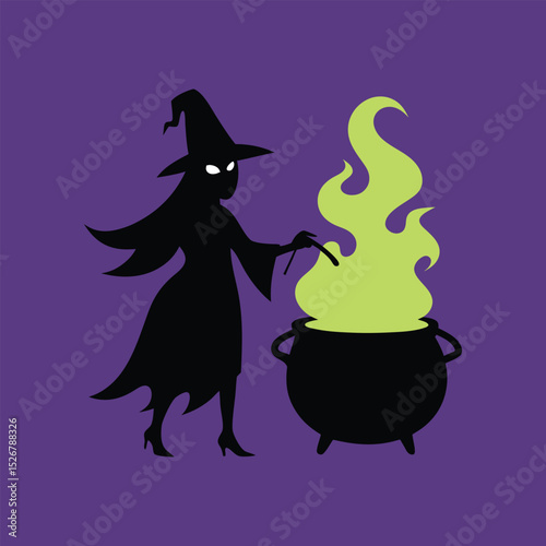 Silhouette witch stirring glowing green potion in cauldron for halloween illustration