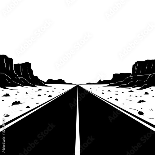 Open Road and Desert Landscape: A stark black and white perspective highlights an empty asphalt road receding into the horizon between desert landscape under a vast sky.