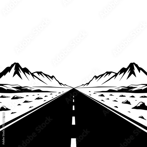Road to Horizon: An expansive, monochromatic vista unfolds, showcasing a straight road stretching towards the horizon, flanked by majestic mountains.