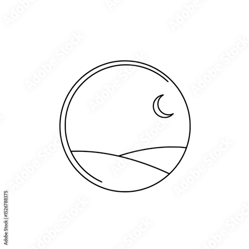 Night Landscape Circle: Minimalist line art illustration of a tranquil night scene, featuring rolling hills under a crescent moon, enclosed in a circular frame.