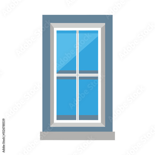 Window frame illustration with blue glass panes and gray accents