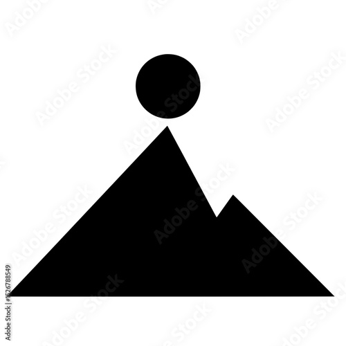 Abstract Mountain Silhouette: A minimalist black and white depiction of majestic mountain peaks beneath a symbolic sun, embodying the grandeur of nature and the spirit of adventure.
