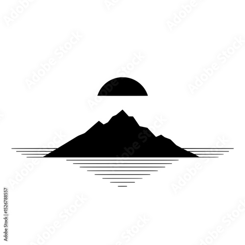 Black Silhouette: Majestic mountain silhouette meets the horizon, serene sunset view vector art.