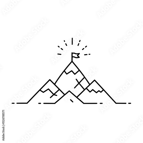 Reaching the Summit: An inspiring minimalist linear illustration of mountains peaks, symbolising achievement and reaching the top, with a flag fluttering triumphantly, against a clear sky.