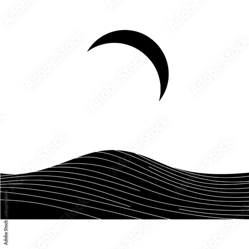Abstract Moonscape: A minimalist monochrome artistic representation features a crescent moon positioned above undulating black lines, evoking a sense of serenity and contemplation.