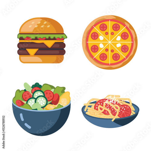  vector icons cooking food chef hat include a pizza slice, a sushi roll, spaghetti and meatballs, a curry bowl burger , fish