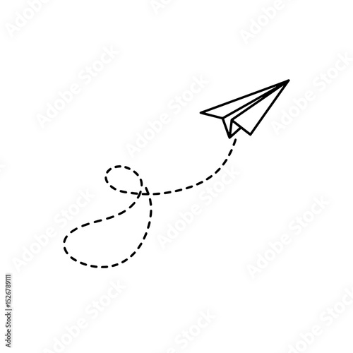 Paper Plane's Journey: A minimalist illustration of a paper airplane soaring gracefully through the air, its flight path marked by a dotted line, evoking themes of travel, innovation, and freedom.
