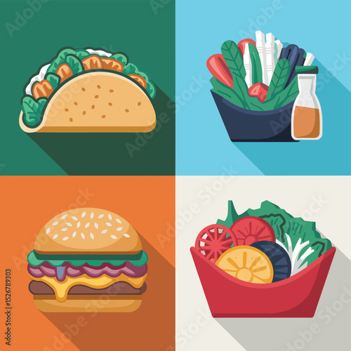  vector icons cooking food chef hat include a pizza slice, a sushi roll, spaghetti and meatballs, a curry bowl burger , fish