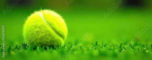 Fuzzy yellow tennis ball rests on lush green grass , game, nature
