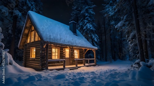 A Nighttime Illuminated Winter Cabin amid a Snowy Forest