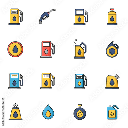 Petrol station icons in a flat style. Attributes of a gas station of a column, a canister, a petrol pump, a worker, a cafe. Isolated vector illustration.