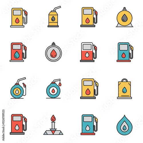 Petrol station icons in a flat style. Attributes of a gas station of a column, a canister, a petrol pump, a worker, a cafe. Isolated vector illustration.