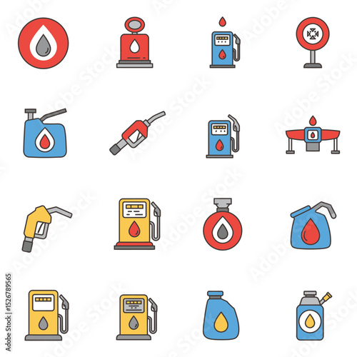 Petrol station icons in a flat style. Attributes of a gas station of a column, a canister, a petrol pump, a worker, a cafe. Isolated vector illustration.