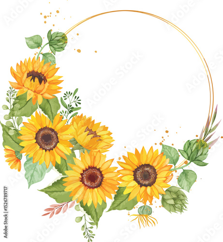 Watercolor beautiful golden lovely sunflower frame with butterflies