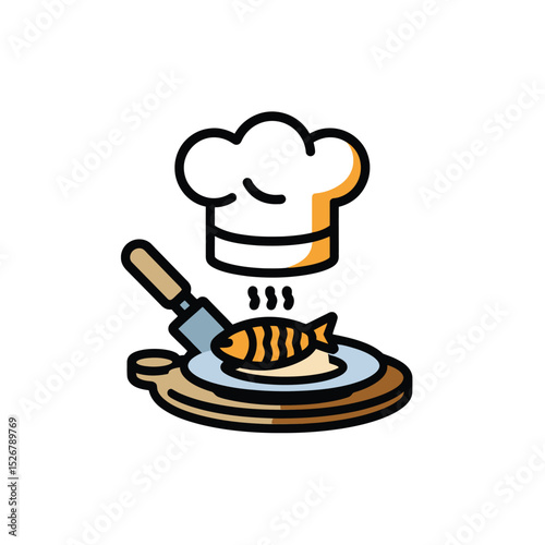  vector icons cooking food chef hat include a pizza slice, a sushi roll, spaghetti and meatballs, a curry bowl burger , fish