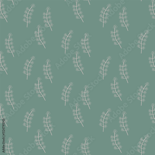  Pink meadow flowers seamless pattern,Botanical flowers on dark green background line art ,botanical pattern,outline flowers.
