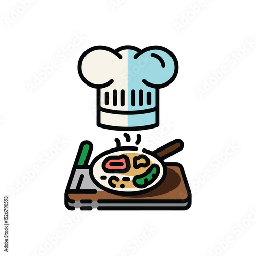  vector icons cooking food chef hat include a pizza slice, a sushi roll, spaghetti and meatballs, a curry bowl burger , fish