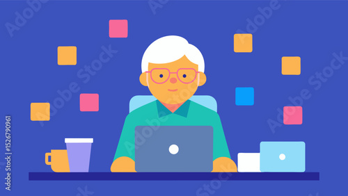 An elderly person sitting at a desk surrounded by postit notes with notes and reminders about important dates and appointments.. Vector illustration