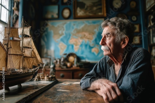 Wallpaper Mural Old Sailor Sits Beside Model Ship, Surrounded by Sea Memories at Home Torontodigital.ca