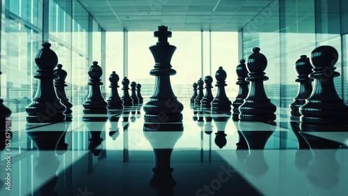 Low angle view of chess pieces on a reflective board with a large window backdrop